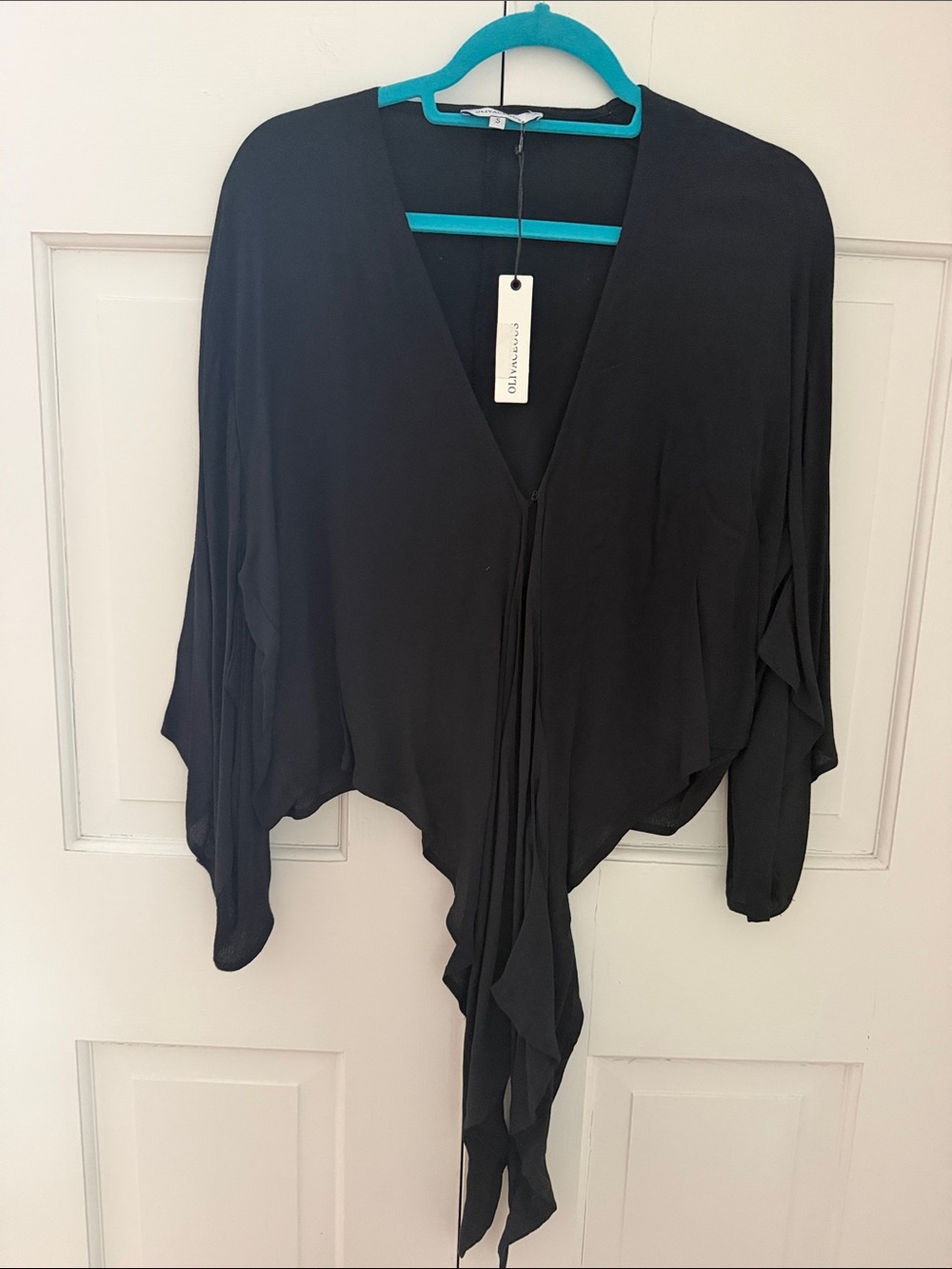 Olivaceous Black Draped V-Neck Blouse with Front Tie
